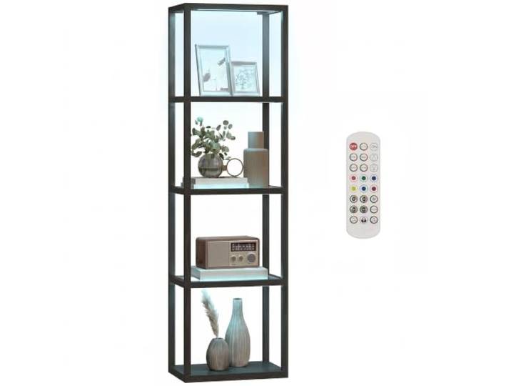 HOMCOM LED Stehlampe Wohnzimmer RGB Dimmbar mit Glasregalen Schwarz 4 Ebenen, Fernbedienung, Musik-Synchronisation, Timer, Standleuchte für Schlafzimmer