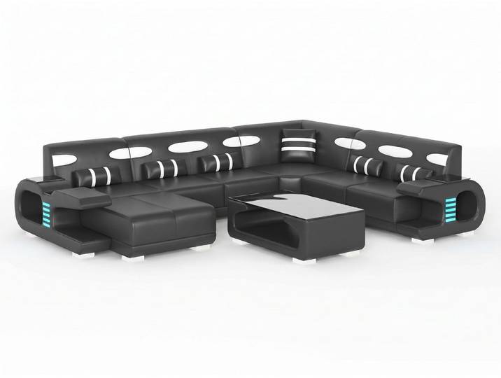 JVmoebel Ecksofa Wohnlandschaft U-Form Schwarz Ecksofa LED Modern Wohnzimmer Design