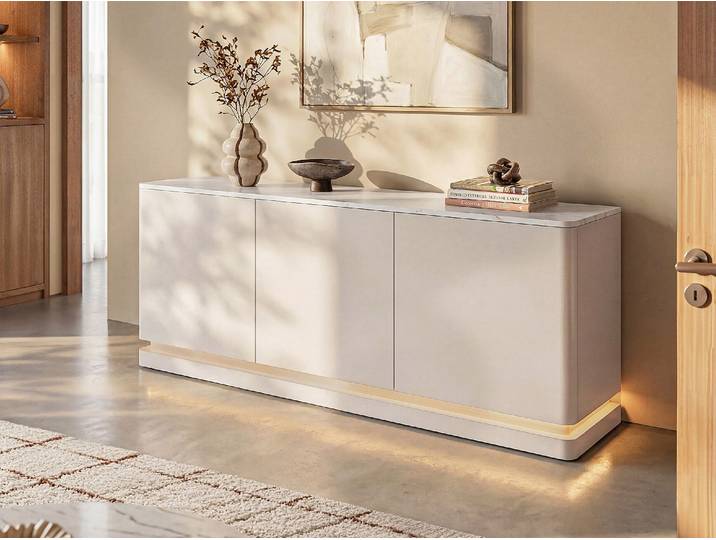Sideboard mit 3 Türen - Mit LED-Beleuchtung - MDF - Beige & weiße Marmor-Optik - DEVIKA
