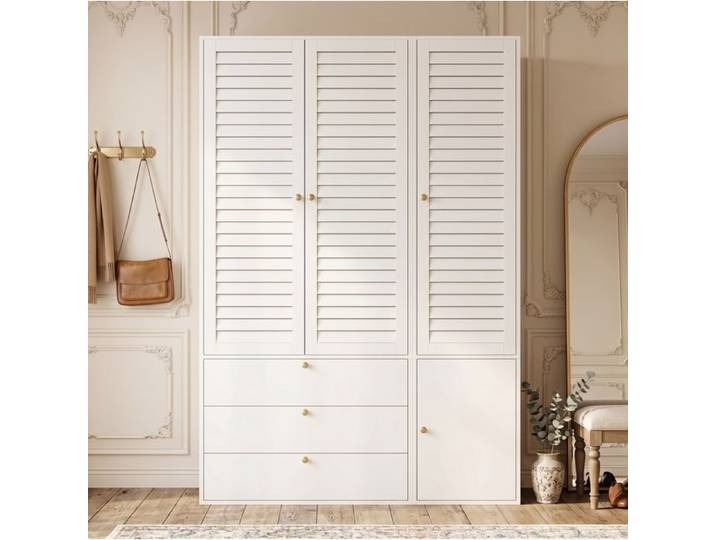 Armoire 3 Portes Persiennées 3 Tiroirs 2 Penderies et Porte-pantalons - MEUNIQ - Blanche pour Chambre 135×50×200 cm