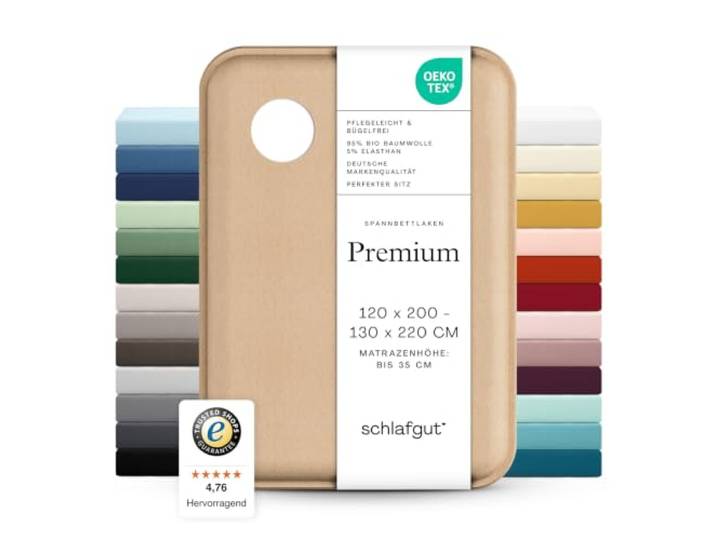 Schlafgut Premium Spannbettlaken 120x200cm bis 130x220cm Full-White, Spannbetttuch aus weicher Biobaumwolle