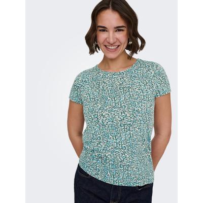 Kurzarmshirt ONLY "ONLBERA BACK LACE UP S/S TOP JRS NOOS", Damen, Gr. L, bunt (balsam grün aop:amalie multi flower), Jersey, Obermaterial: 95% Viskose, 5% Elasthan, bedruckt, regular fit normal, Rundhals, Shirts