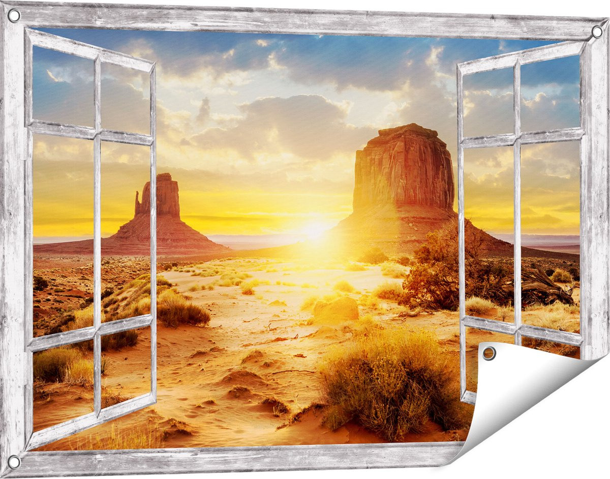 Gards Tuinposter Doorkijk Zonsondergang in Woestijn Monument Valley - 90 x 60 cm