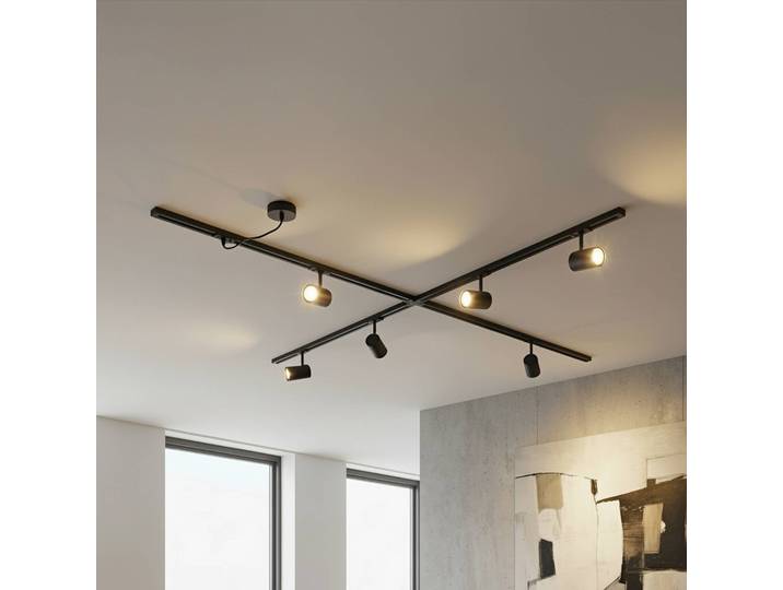 Lindby Schienensystem Linaro, GU10, 6-flg., schwarz, X-Form Linaro, schwarz, für Wohn- / Esszimmer, Aluminium, Modern