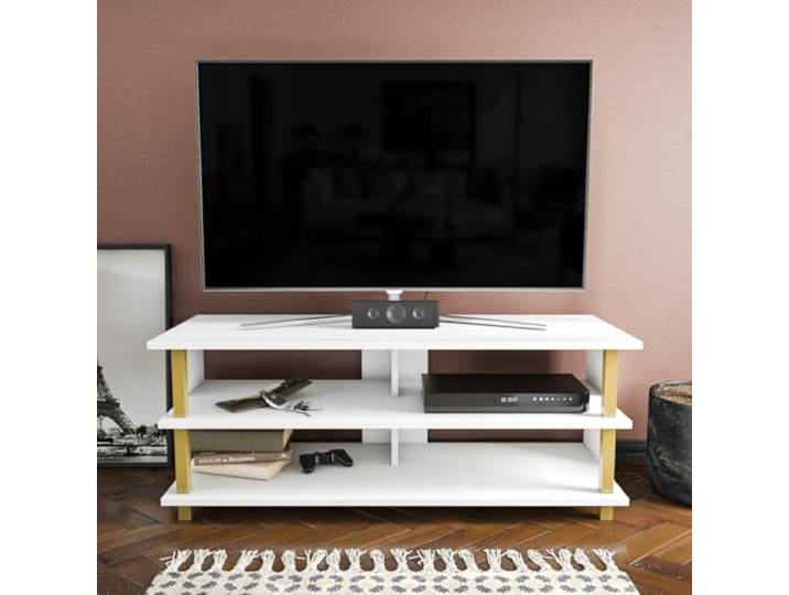 Hanah Home Glamorous TV Stand, Gold & White, 120 x 44.6 x 47.4 cm 100% Melamine Coated Particle Board, 18 mm Thick Stylish & Functional for Modern Living Rooms