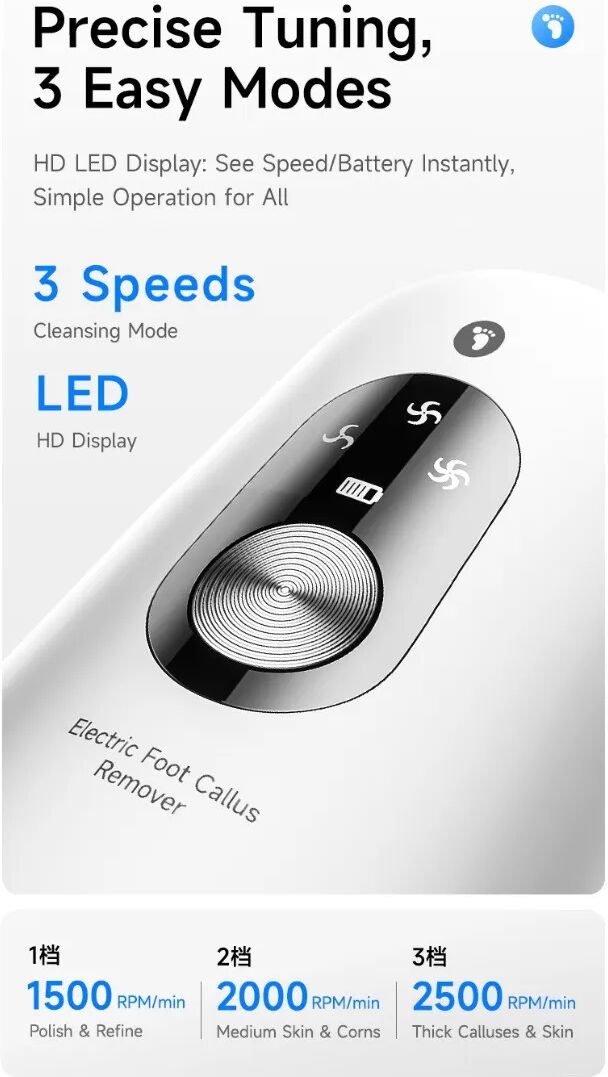 INF Éliminateur de callosités pour pieds électrique haute puissance - 3 vitesses, tête inox 360°, IPX6, rechargeable USB Le noir