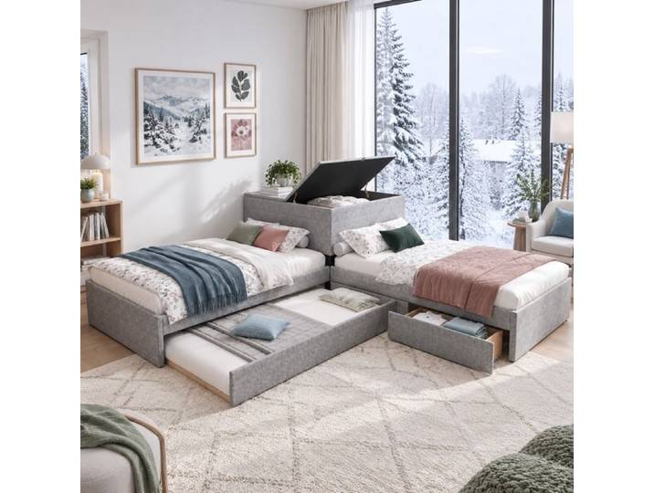 ULEVR Lit d angle moderne avec lit gigogne et rangement 90x200 cm - 3 couchages avec armoire et 2 tiroirs gris