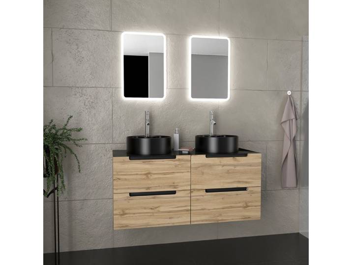 Meuble salle de bains 120cm Chene et noir Vasques rondes Diam 41cm et Miroirs Led 40x60 - OMEGA