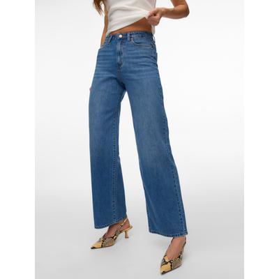 High-waist-Jeans VERO MODA "VMVEGA HR WIDE DENIM JEANS SI392 NOOS", Damen, Gr. 28, Länge 30, blau (medium blau denim), Denim/Jeans, Obermaterial: 100% Baumwolle, unifarben, oversize lang, Jeans High-Waist-Jeans, Baumwolle, wide fit, high waist