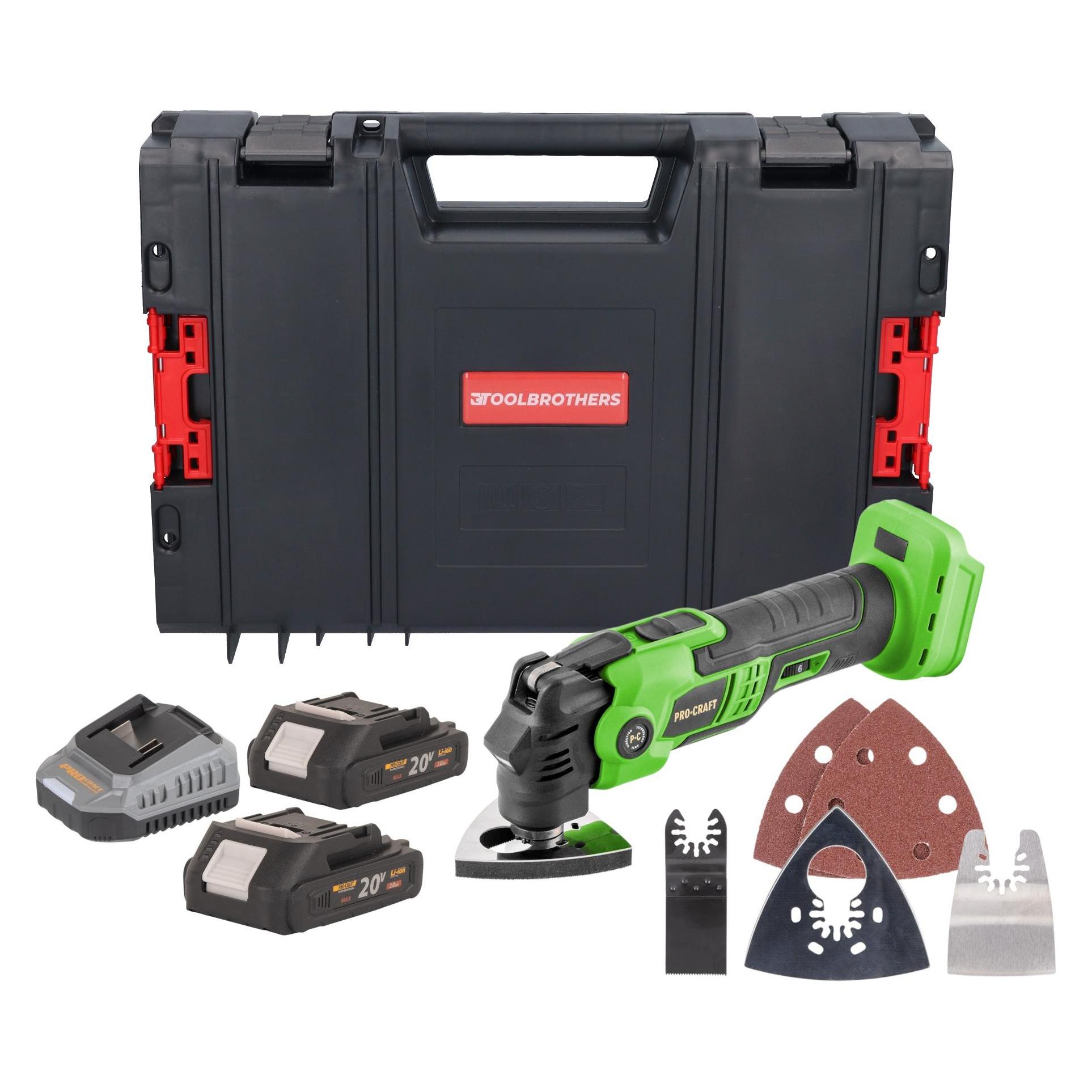 Procraft PMT22bb Akku Multifunktionswerkzeug 20 V Brushless + 2x Akku 2,0 Ah + Ladegerät + RHINO (Oszillationswerkzeug) (PMT22bb)