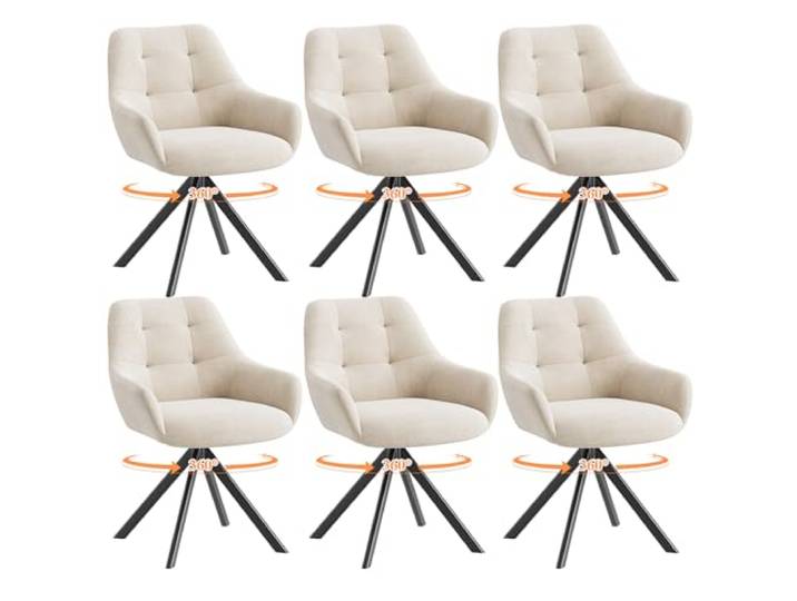 MALOL Drehbare Esszimmerstühle 6er Set, 360° Drehbare Armlehnstühle mit weichem Florstoff & Metallgestell, Bequeme Esszimmerstühle Drehbar mit Rückenlehne für Küche, Esszimmer, Büro, Beige