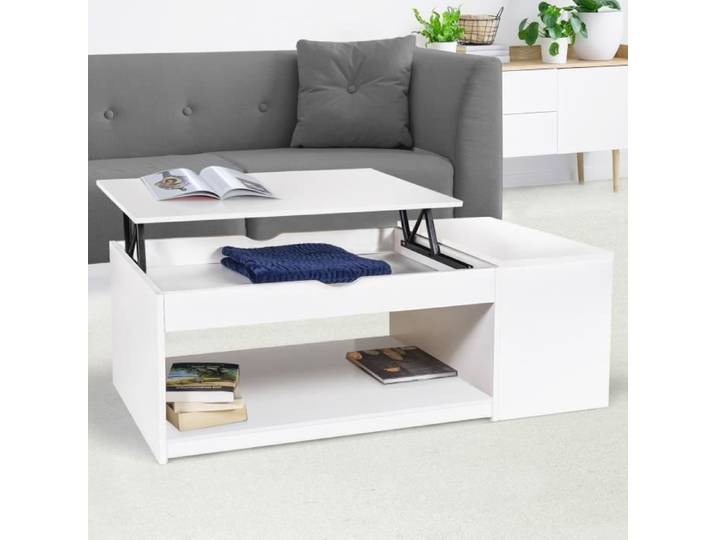 IDMARKET Table basse plateau relevable rectangulaire ELEA avec coffre bois blanc