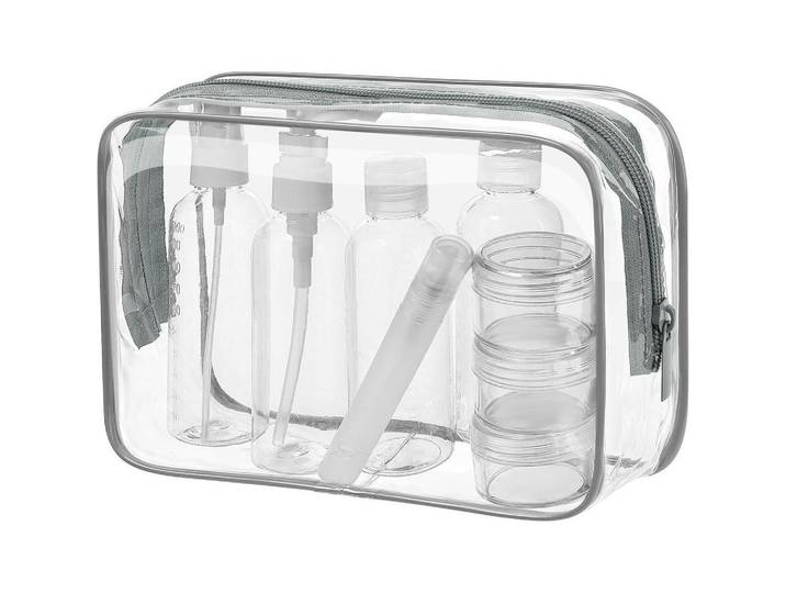 Kulturbeutel mit Reiseflaschen Set 8-teilig 21 cm, Transparent, Kunststoff, 16x6x21 cm, Badaccessoires, Kosmetikdosen