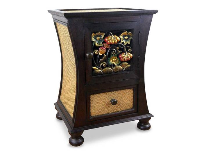 livasia Nachttisch Rattan Nachttisch 45x35x60cm – mit Blumenschnitzerei, Handarbeit