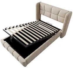OKWISH Polsterbett Stoff Beige 90x200 cm mit Hebemechanismus, Stauraum, gepolstertem Kopfteil und Metallrahmen