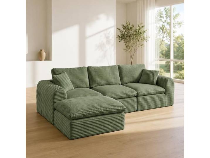 Grand Canapé Compressé 3 Pl en velours côtelé Rayé Vert - Design Modulaire avec Coussins et Assise rembourrée - Confort et Stable