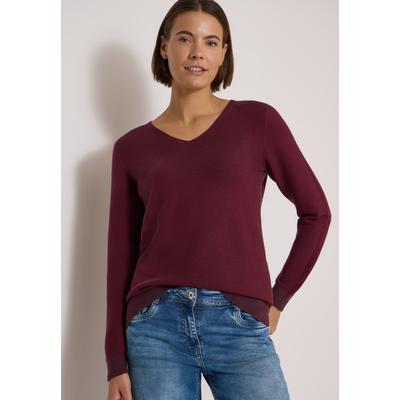 V-Ausschnitt-Pullover CECIL, Damen, Gr. XS (36), rot (berry rot), Web, 100% Baumwolle, unifarben, comfort fit normal, V-Ausschnitt, Rippbündchen, Pullover, mit V-Ausschnitt