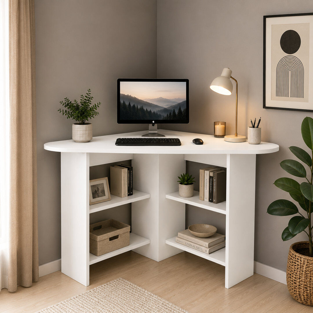Ebern Designs Fade 105cm Corner Computer Desk with 4 Open Shelves White
