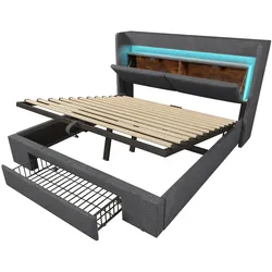 OKWISH Polsterbett Leinen Grau 140x200 cm mit Matratze, hydraulischem Stauraum, LED-Beleuchtung, USB- und USB-C-Anschluss