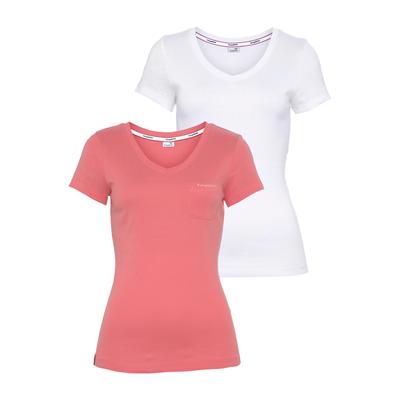 V-Shirt KANGAROOS, Damen, Gr. 48/50, pink (apricot, weiß), Rippware, Obermaterial: 100% Baumwolle. Obermaterial weiß: 100% Baumwolle, kontrastfarbene Details, unifarben, Basic, sehr figurbetont hüftbedeckend, V-Ausschnitt, Shirts, Kurzarm,...