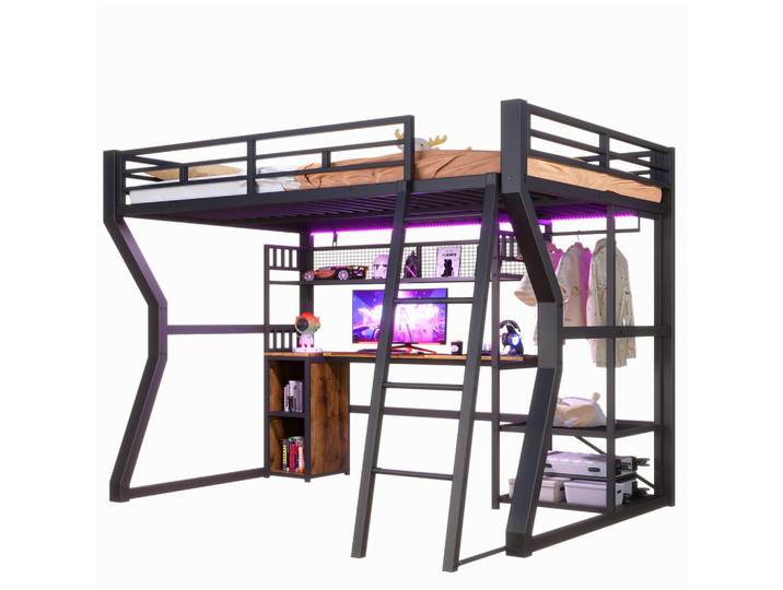 Redom Hochbett 140/200 cm mit Lichtleiste, Steckdose, Schreibtisch und Kleiderbereich, Schwarz, 140x200 cm, Babymöbel & Kindermöbel, Kinderzimmer & Jugendzimmer, Kinderbetten, Hochbetten