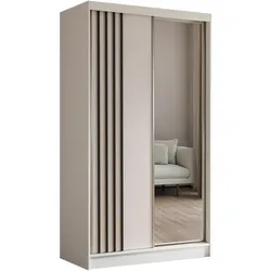 KLEIDERSCHRANK mit Spiegel-Schiebetüren und Aluminium-Leisten, LED-Beleuchtung - NALLA - 120 cm Weiß+Weiß+Schwarz