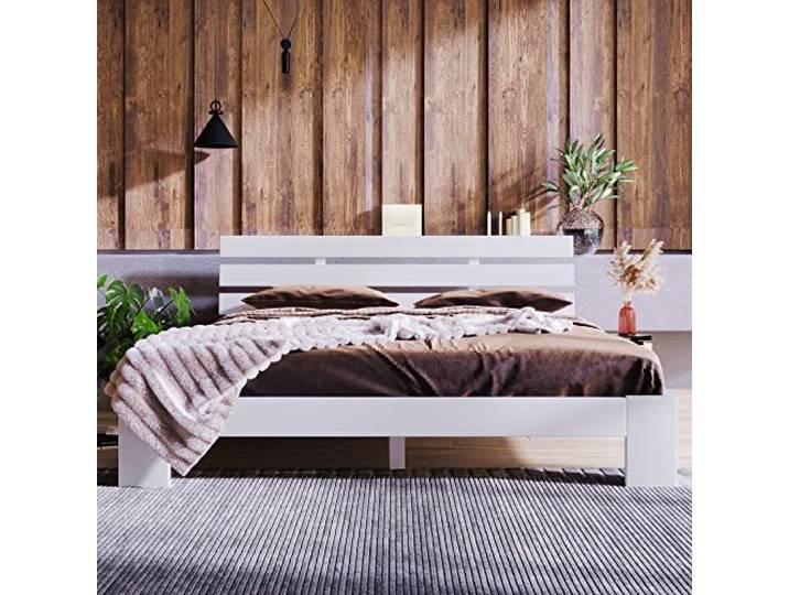 Merax Holzbett Doppelbett mit Kopfteil aus Bettgestell mit Lattenrost - Anzug für 200 x 140 cm Matratze Massivholz Massiv Doppelbett als Ehebett verwendbar, inkl. Rückenlehne (Weiß)