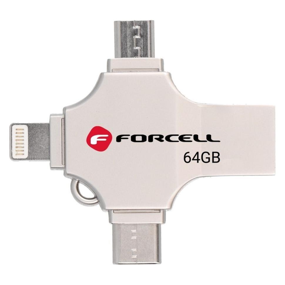 Forcell F-Data Metal Quad USB-Stick - 64 GB - USB 3.2 Gen 1 - Silber (64 GB, Micro USB-B, USB-A, USB-C) (5903396391842)