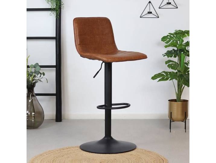 Tabouret de bar industriel en cuir cognac - Bronx71 - Boston - Cuisine - Métal - Marron