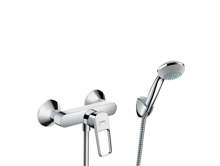 Set de douche Mitigeur Logis Loop + Douchette à main 1 jet + Flexible + Support mural, Chrome (71247000-PORTER)