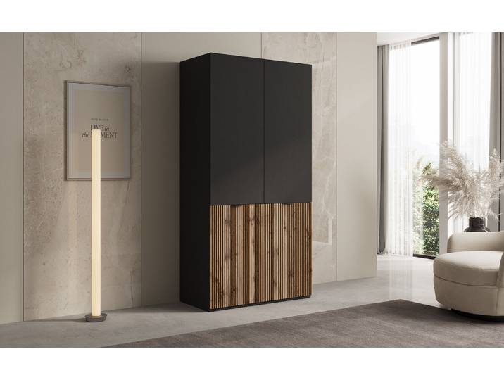 Moduro Naro – Design-Kleiderschrank mit dunklem Korpus und Holzdekor-Front - Schwarz - Luxusbetten24