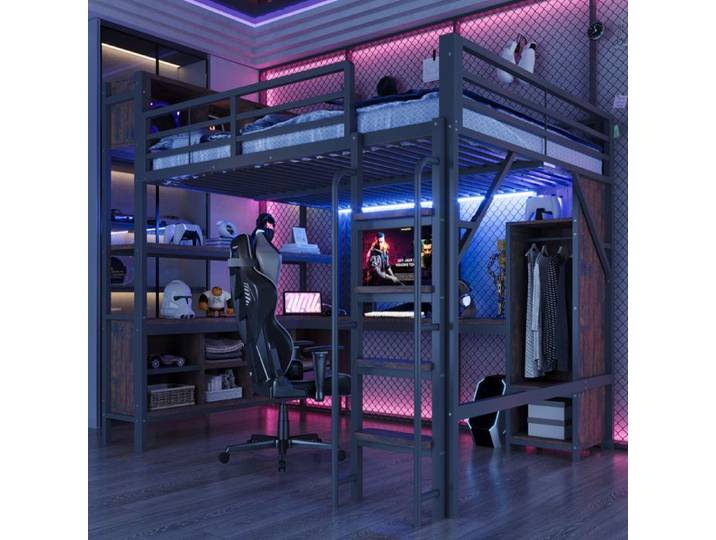 Lit mezzanine multifonction - Dimensions 140x200 cm - Bureau intégré spacieux - Armoire et étagères