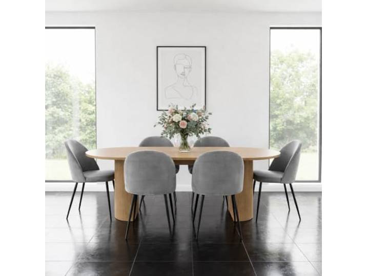 Essgruppe mit 6 Stühlen - Kyoto Skagen 210x100 cm Oberfläche Natur Bezug Grau Velours rechteckig skandinavisch modern alltagstauglich stabil Wohnküche Esszimmer Sitzgruppe Essplatz Esszimmergruppe