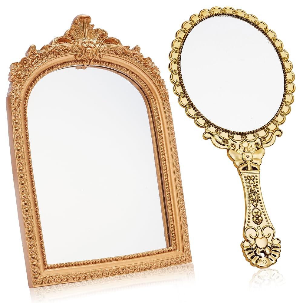 Dripio Set van twee vintage spiegels: tafelspiegel en handspiegel, goudkleurig