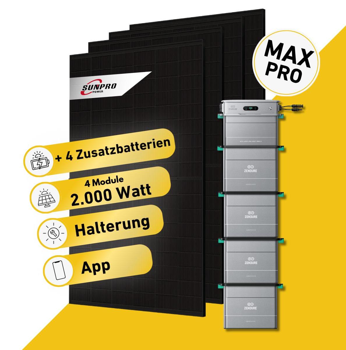 Balkonstrom Balkonkraftwerk 2000W mit Speicher | 4xZusatzspeicher |Fassadenhalterung 90Grad | 4xSolarmodul Bifazial | Zendure SolarFlow 800 Pro 2
