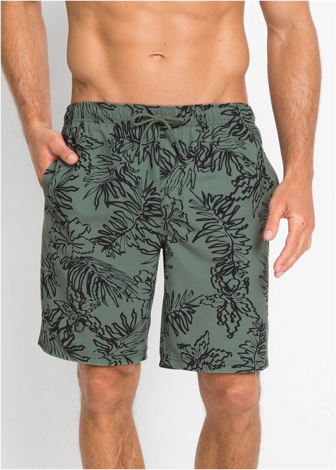 Badeshorts BONPRIX "Badeshorts Herren", Herren, Gr. 44/46, N-Gr, grün (oliv, schwarz bedruckt), Web, Obermaterial: 100% Polyester. Netz: 100% Polyester, Badehosen Badeshorts, mit Innenslip und Münztasche aus Netzware, bedrucktes Design oliv, schwarz bedru