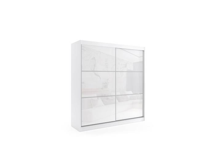 KLEIDERSCHRANK mit Lacobel-Schiebetüren und Aluminium- Leisten, LED-Beleuchtung - VIVONA - 200 cm Weiß