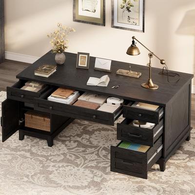 Garvee 60-Inch Farmhouse Desk with Cabinet, Computer Desk with 5 Drawers & Adjustable Shelves, Multifunctional Office Desk