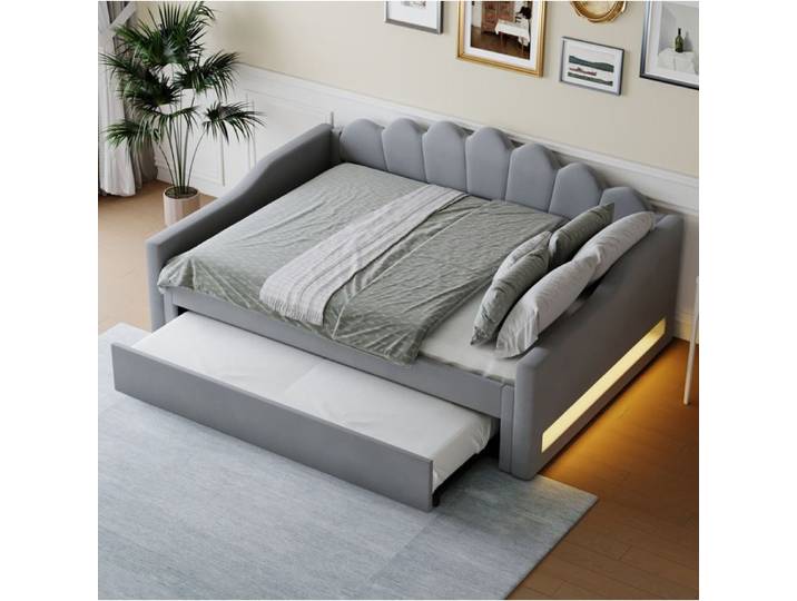 lit adulte banquette couchage appoint lit gigogne LED 140x200 tissu rembourre MDF contreplaque gris chambre Grjofek