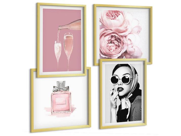 Tulup Bilder SET 4er Set - 50x50 cm & 40x60 cm Goldrahmen - Stilvolle pinkfarbene Accessoires, Goldfarben, Kunststoff, Rechteckig, 50x50 cm, Fotografie, Bilder & Rahmen, Bilder