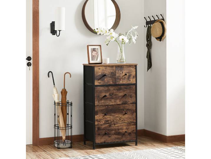 SONGMICS Kommode, Aufbewahrungsschrank, Stoffschubalden mit MDF-Front, Industrie-Design, für Flur, Wohnzimmer, vintagebraun-schwarz SGL45H