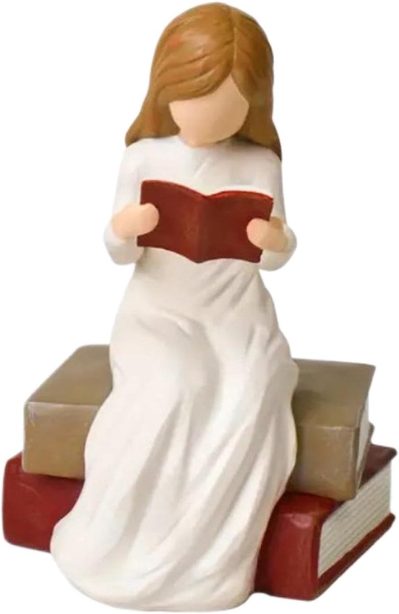 Leesboek Figuur - Wit Harsengel Sculptuur voor Boekenplank Decoratie - Hoogte: 12 cm