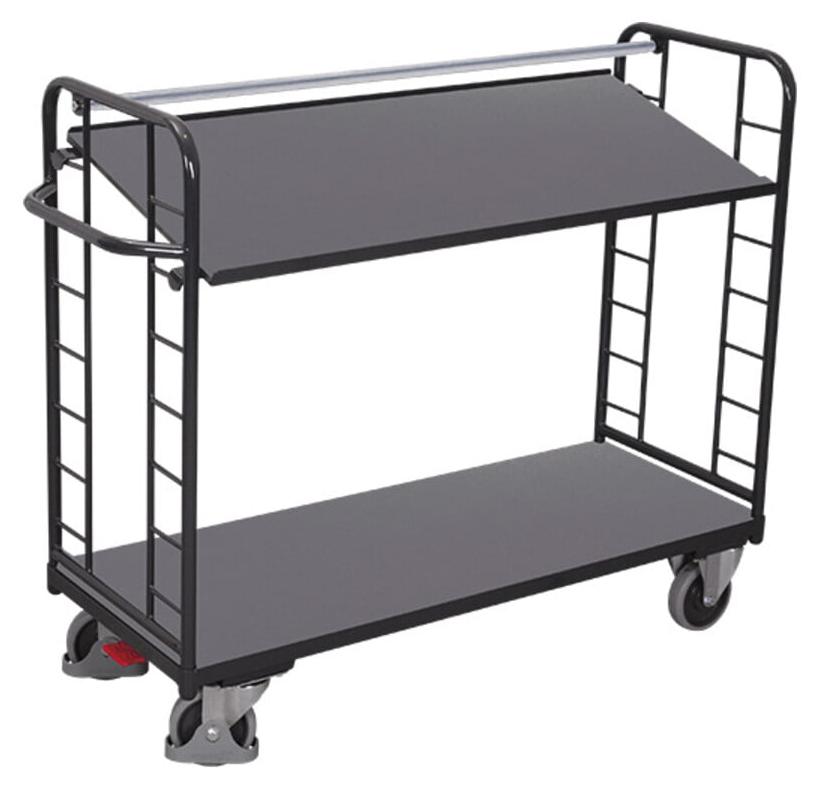 VARIOfit Etagenwagen mit Seiten aus Drahtgitter, Rohrschiebegriff und neigbarem Etagenboden 1355x550mm Anthrazitgrau RAL 7016