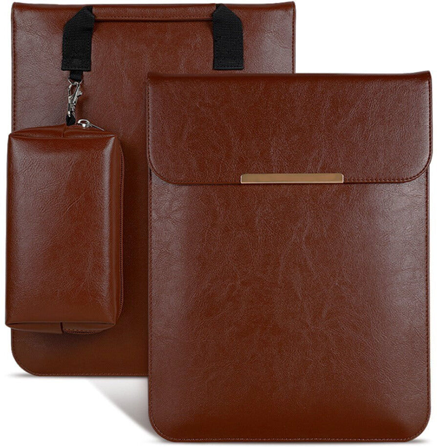 TABLETCOVERS.DK Macbook 13-14" Læder Sleeve til MacBook m. Lille Taske (33 x 25 cm) - Mørkebrun