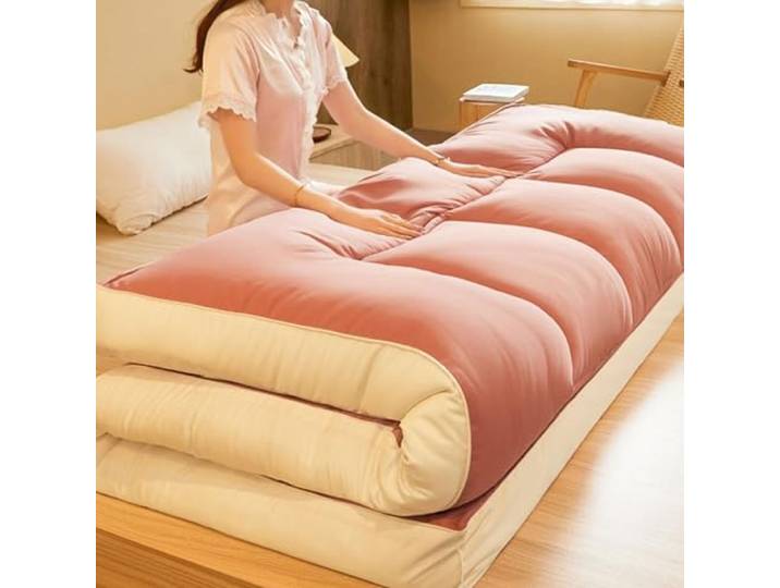 Japanische Bodenmatratze, Faltbares Futonbett, Tragbare Tatami-Matte Premium Gestricktes Baumwollbodenbett mit 7-Zonen-Unterstützung, Platzsparende Gästematratze(Bean Pink,180x200cm(71*79inch))