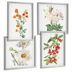 BILDER SET 4er Set - 50x50 cm & 40x60 cm Silberner Rahmen - Retro-Blumenmalerei