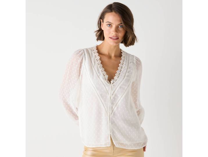 Chemisier voile plumetis, détails macramé - Blancheporte
