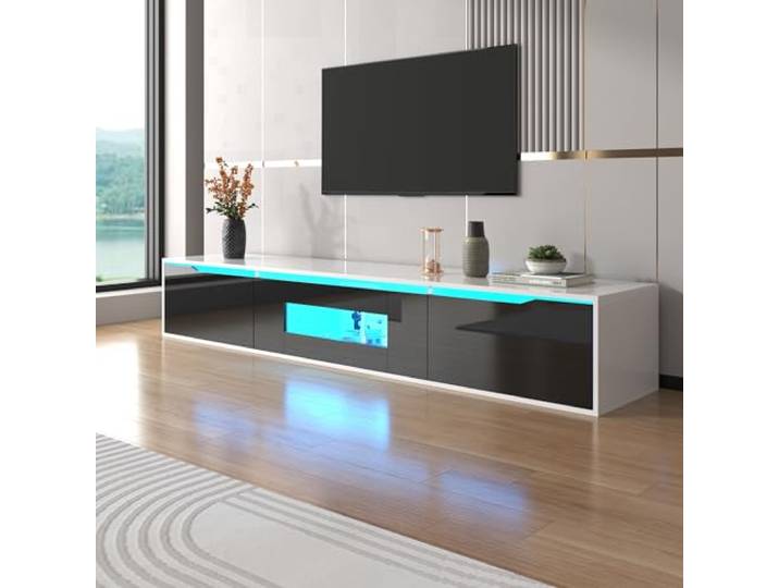 Merax TV Schrank, TV Lowboard mit LED-Beleuchtung, Moderner Fernsehtisch für Wohnzimmer und Esszimmer, Schwarz+Weiß, 180L x 35B x 30H cm