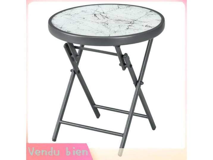 LIA Table basse pliante table d'appoint pliante plateau effet marbre en verre trempé structure métal ronde Ø45 x 50 cm blanc