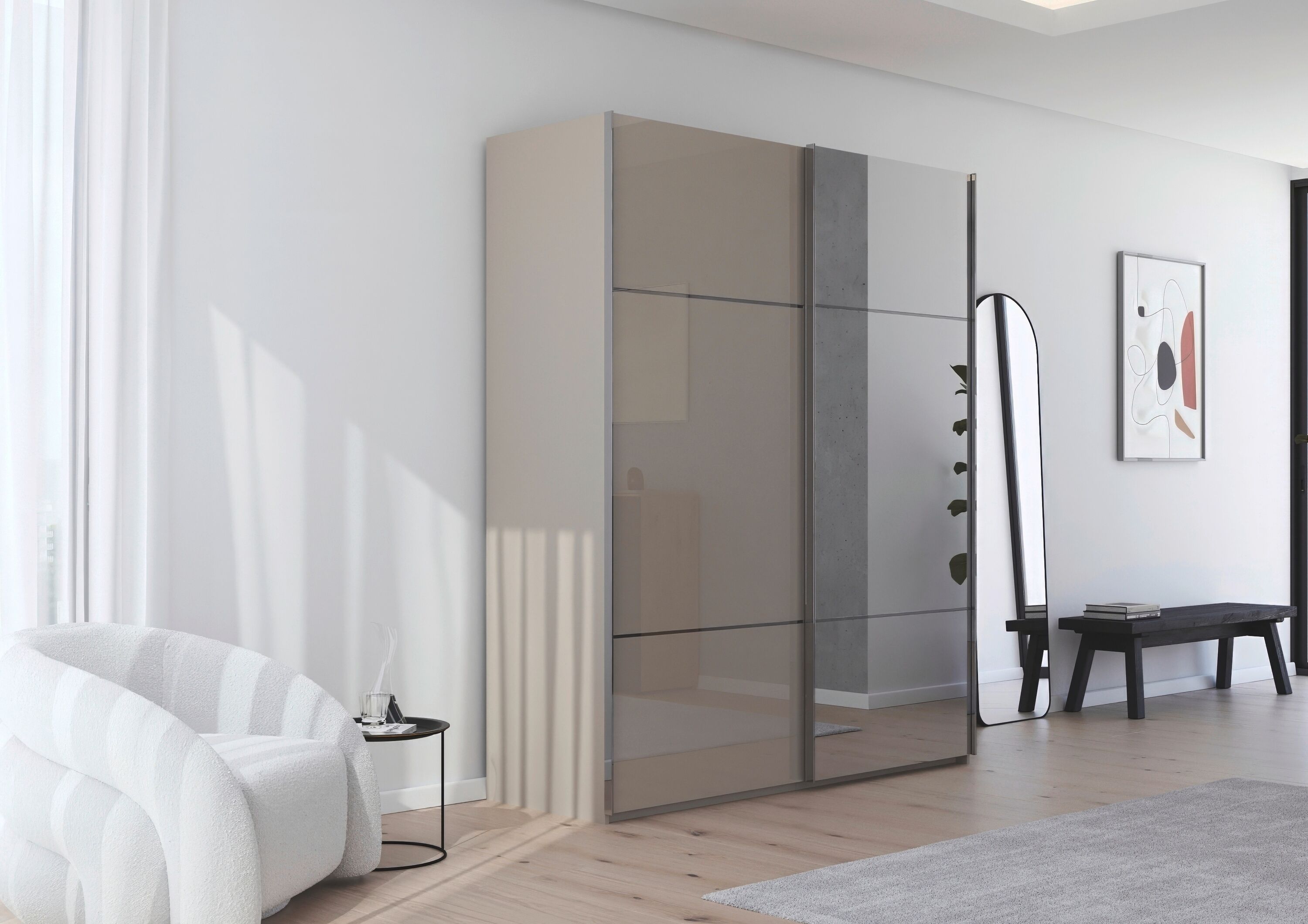 Schwebetürenschrank RAUCH "Kleiderschrank Schrank Garderobe Schlafzimmerschrank SCALE-TRIO", beige (fango, glas fango, griffleisten chrom), B:181cm H:223cm T:67cm, Holzwerkstoff, Schränke, Schwebetürenschrank, edle dreigeteilte Front mit 2 Zierleisten Spi